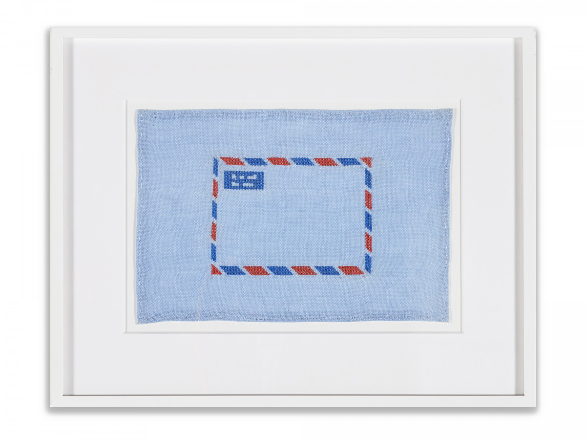 Des Hughes, ‘Airmail’, 2018, Cotton cross-stitch on dyed linen