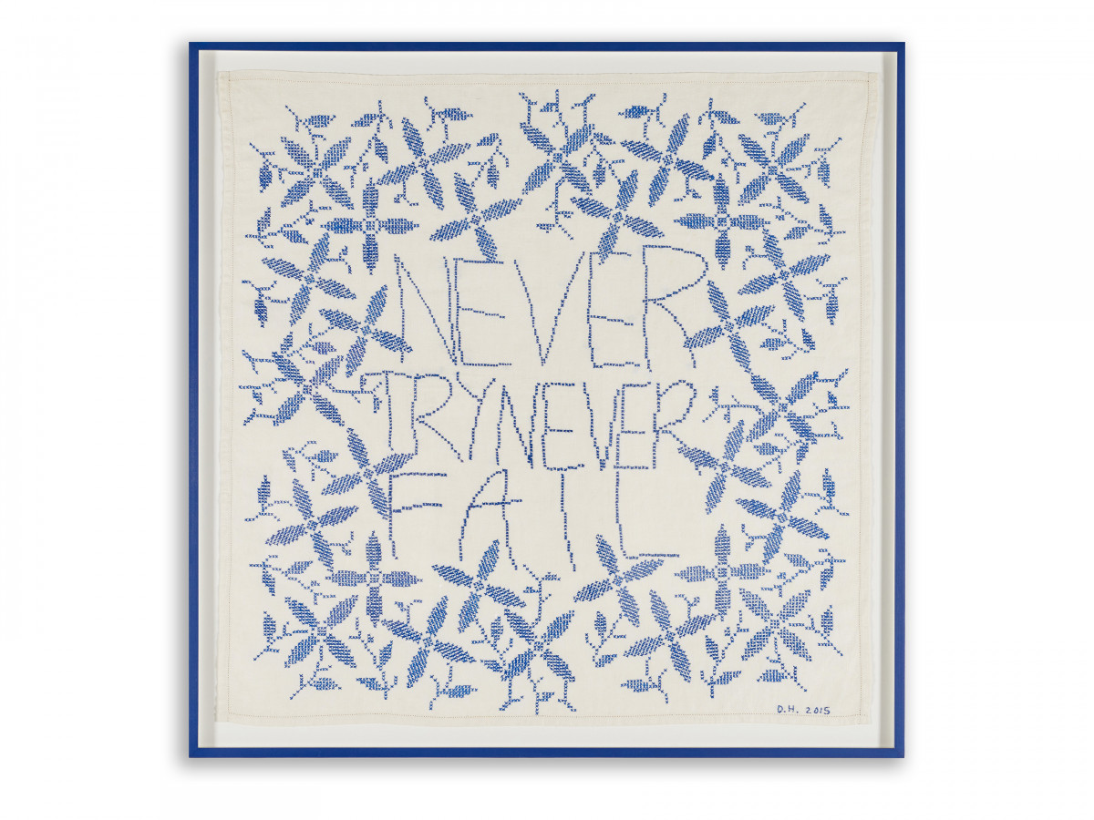 Des Hughes, ‘Never Try Never Fail’, 2015, Antique embroidery with cotton silk cross stitch on linen 