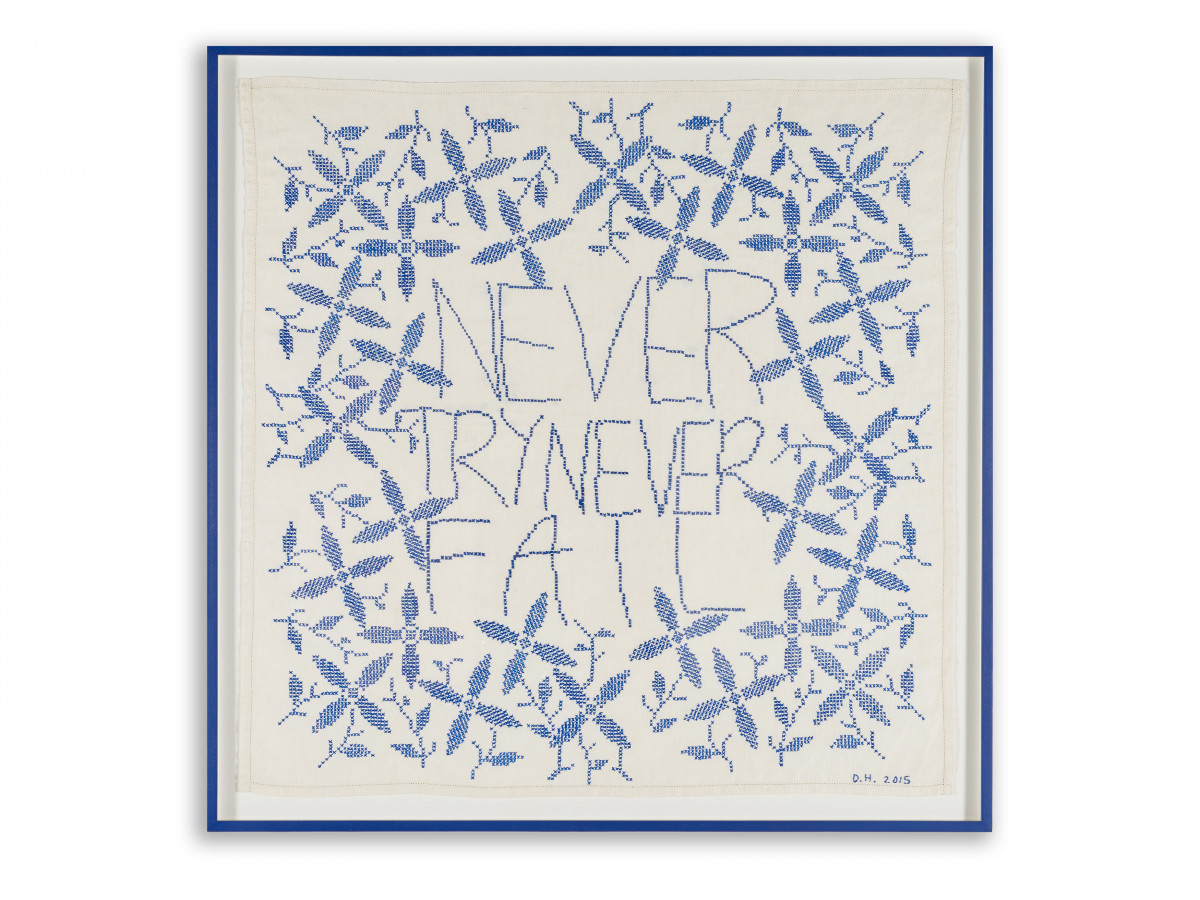 Des Hughes, ‘Never Try Never Fail’, 2015, Antique embroidery with cotton silk cross stitch on linen