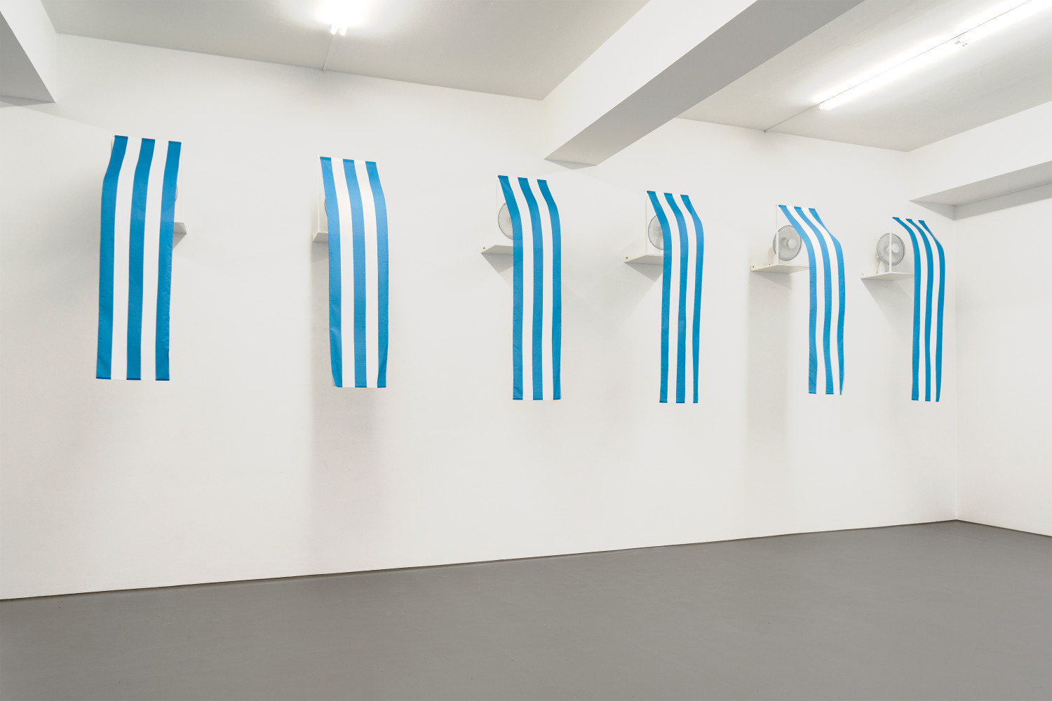 Daniel Buren, ‘Westwind - travail situé, 2010 fabric, steel, fans, clips (fabric with blue and white stripes)’, 2010, Fabric, steel, fans, clips
