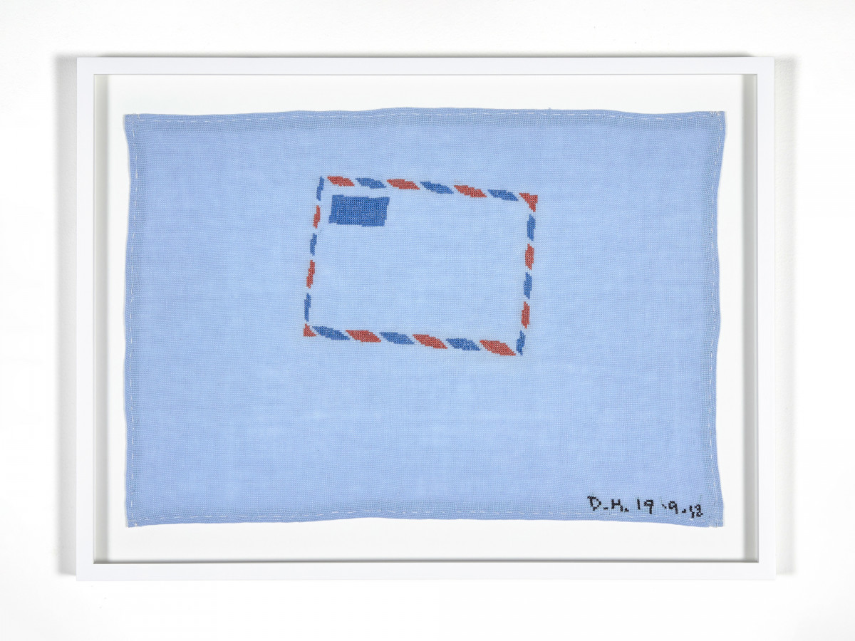 Des Hughes, ‘Crooked Airmail’, 2018, Cotton cross-stitch on dyed linen