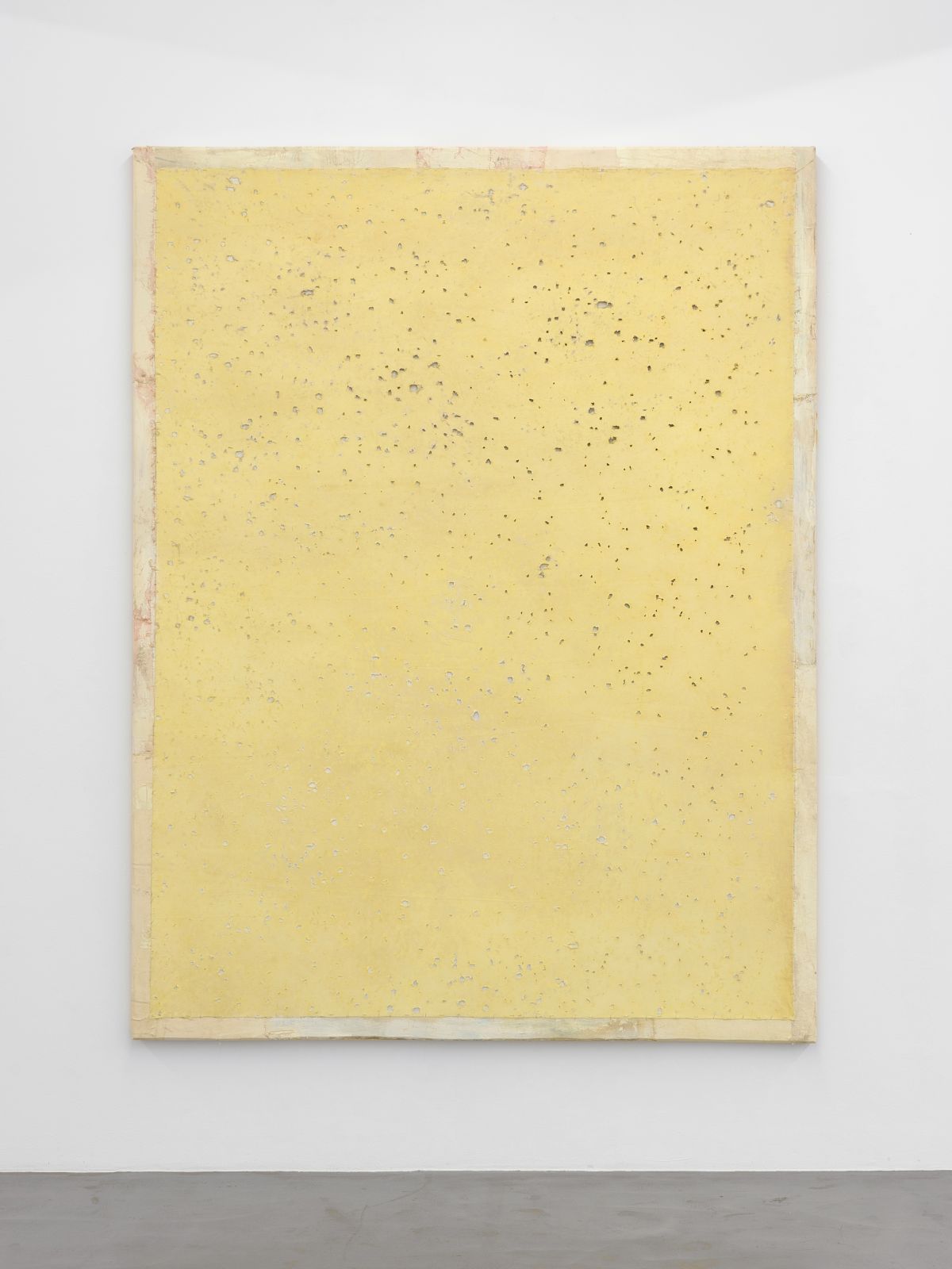 Lawrence Carroll, ‘Untitled (yellow painting)’, 2017, Öl, Wachs, Heftklammern, Wandfarbe, Staub, Leinwand auf Holz